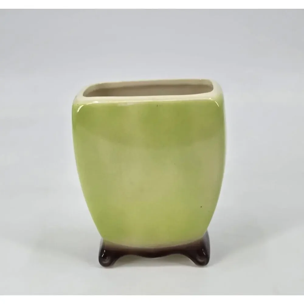 Vintage Royal Copley Seaweed‎ Footed Planter Vase Chartreuse Green Brown MCM